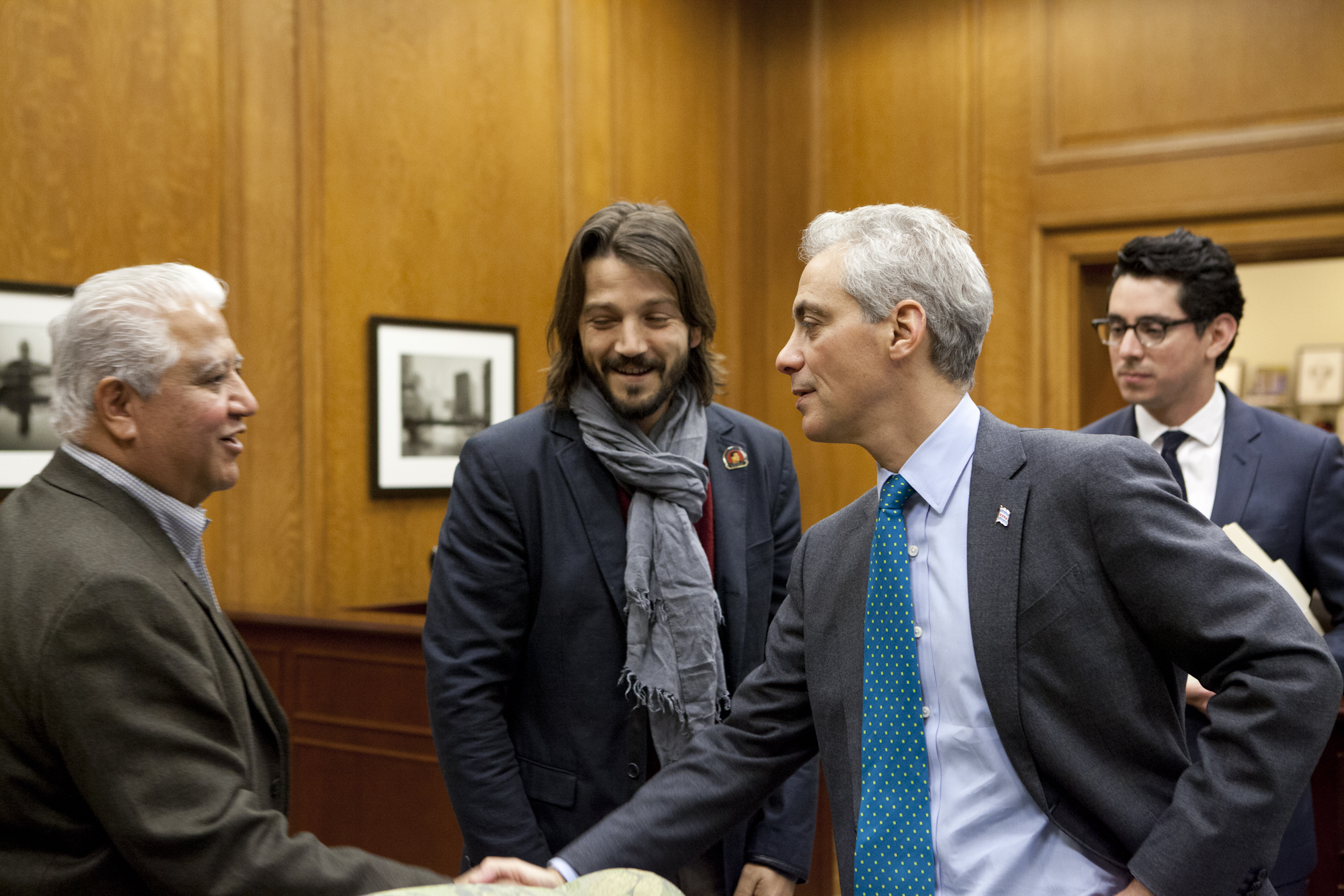 Chicago Mayor Rahm Emanuel meets with Paul Chavez, President of the Cesar Chavez Foundation and film director Diego Luna. 